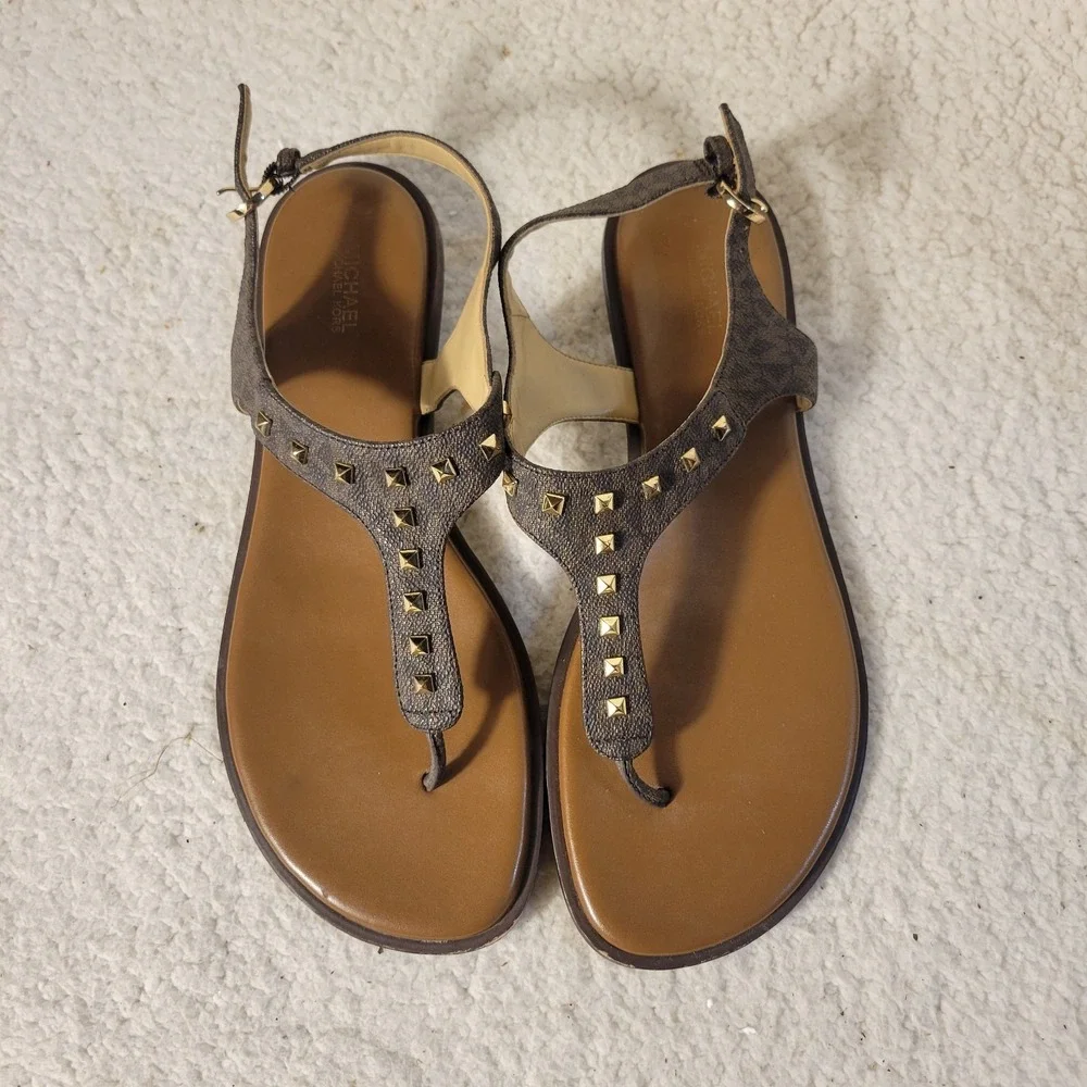 Michael Kors Women's 11M Studded Thong Sandals Brown Gold‎ Logo Strap Flat...